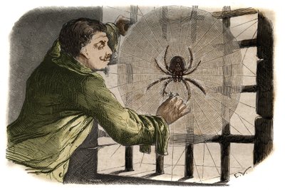 De schrijver Paul Pellisson (Paul Pellisson-Fontanier) (1624-1693) temt een spin tijdens zijn gevangenschap in de Bastille. Gravure uit 1858 in "Le Musée Des Sciences" door Unknown artist