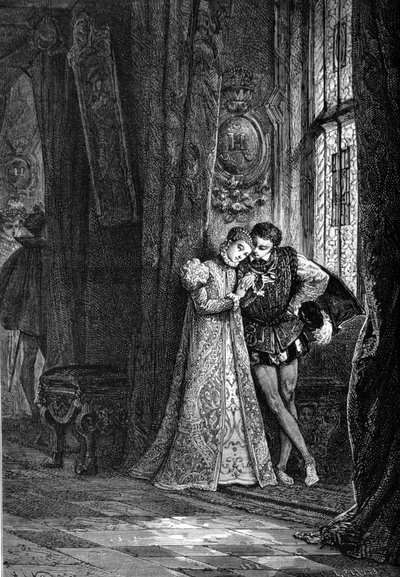De jonge verloofden Marie Iere Stuart (1542 - 1587) en Francois II (1544 - 1560) hielden ervan zich apart te zetten voor vertrouwelijkheden. Gravure uit de 19e eeuw. door Unknown artist