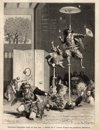 Theater Saltimbanks: jongleurs, evenwichtskunstenaars en acrobaten, de een, zijn typisch voor de Edo-regio (Tokyo), herkenbaar aan hun evenwichtskunsten met valse neus van mest, het belangrijkste attribuut van de godheid Tengu, beschermheer van deze saltim door Unknown artist
