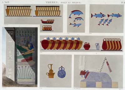 Thebe: Bybân el Molouk. pl 87: Schilderijen van het 5e graf van koningen naar het oosten, 7e bas-reliëf van de ingang van hetzelfde graf in 