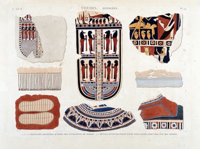 Thebe, Hypogees: 1.2.3.6.7.8. schilderijen van mummie-omhulsels 4.5. Details van een franje en een gestreept doek, gevonden op mummies - in 