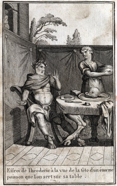 Theodorik de Grote (ca. 454/455-526), koning van de Goten, is bang bij het zien van het hoofd van een enorme vis die op zijn tafel wordt geserveerd. Gravure in 