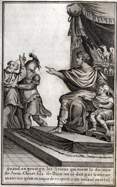 Theodosius I (Flavius Theodosius) (347-395), Romeins keizer, liet Amphiloque, bisschop van Icone, arresteren wegens gebrek aan respect voor zijn zoon, Arcadius (377-408). De bisschop verklaart: "Wanneer we de Arianen beschermen die de goddelijkheid van Jez door Unknown artist