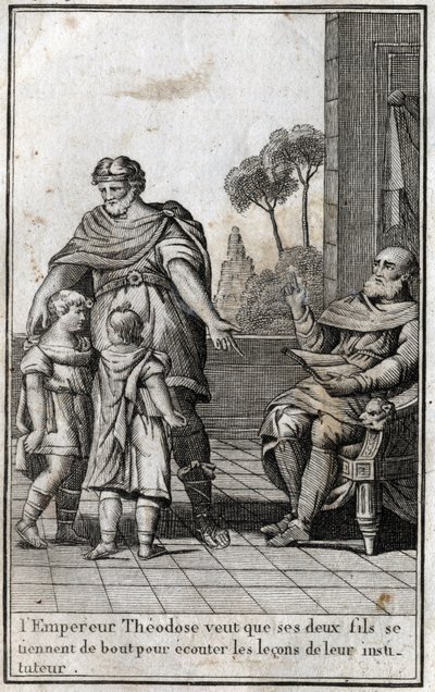 Theodosius I, Romeins keizer, wil dat zijn twee zonen, Arcadius en Honorius, opstaan om naar de lessen van hun leraar te luisteren. 4e eeuw. Gravure in 