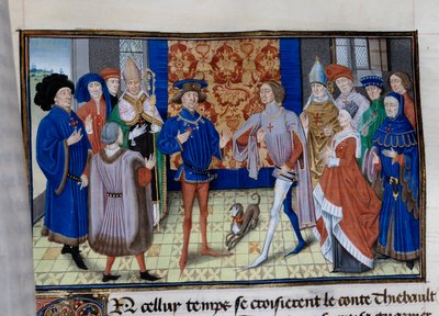 Thibaut III van Champagne, Lodewijk, Graaf van Blois en Chartres, en Boudewijn IX van Vlaanderen ontmoeten elkaar. Miniatuur in 