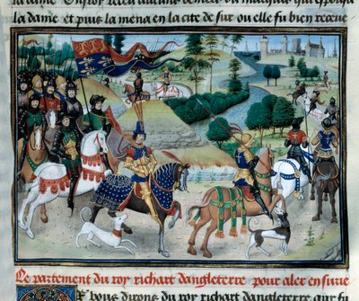 Derde Kruistocht: Richard Leeuwenhart (of Richard I van Engeland (1157-1199) vertrok in juni 1191 naar het Heilige Land vanaf Cyprus Miniatuur uit 
