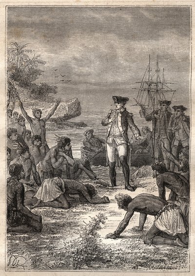 Derde reis (1776-1779) van Kapitein James Cook (1728-1779): Cook wordt verwelkomd door de inboorlingen (Hawaii) - illustratie uit 
