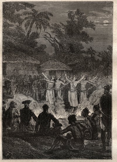 Derde reis (1776-1779) door Kapitein James Cook (1728-1779): een feest op de eilanden van de Vrienden (Koninkrijk Tonga, Polynesië) - illustratie uit 
