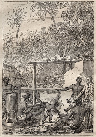 Derde reis (1776-1779) door Kapitein James Cook (1728-1779): mensenoffer in Tahiti - illustratie uit 