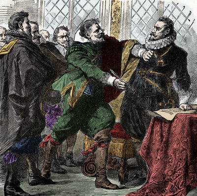Dertigjarige Oorlog: Teken het, Nandel! - Dertigjarige Oorlog (1618-1648): Graaf Paul Jakob von Starhemberg (1560-1635) vraagt keizer Ferdinand II (1578-1637) om een overeenkomst te ondertekenen om de vrede in Bohemen te herstellen door Unknown artist
