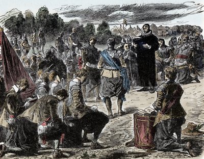Dertigjarige Oorlog: Zweden in gebed voor de Slag bij Luetzen - Dertigjarige Oorlog (1618-1648): Koning Gustaaf II Adolf van Zweden (1594-1632) en zijn troepen verzamelen zich voor een religieuze viering voor de Slag bij Luetzen (1632) door Unknown artist