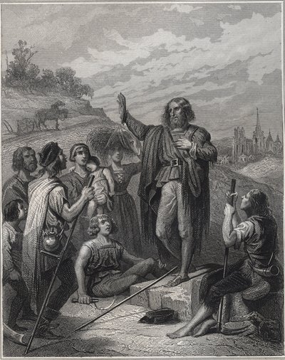 Thomas Müntzer predikt - Thomas Müntzer (1489-1525) leert zijn doctrine - Gravure in 