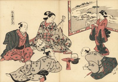 Drie samoerai luisteren naar een courtisane die de shamisen speelt, terwijl een kamuro eten op een dienblad brengt. Houtsnede door Masanobu Okumura (1686-1764) uit Fuzoku Emakimono, Beeldrol van de Waterhandel, Tokio, herdruk circa 1880 door Unknown artist