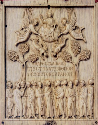 Tegel met De Hemelvaart. Ivoren bas-reliëf bewaard in het Bargello Nationaal Museum in Florence door Unknown artist