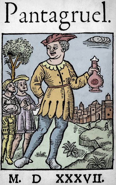 Titelpagina van de editie van 1537 van Pantagruel, door Francois Rabelais - De reus Pantagruel en twee van zijn apostelen, uit 