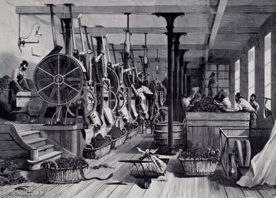 Tabaksfabriek, wasruimte en tabaksraspen. Gravure rond 1867. Parijs, Musee Carnavalet door Unknown artist