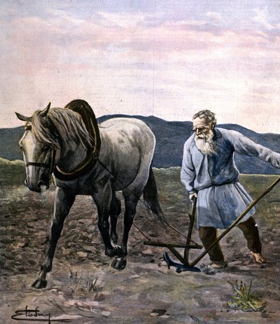 Tolstoy aan het ploegen. Gravure eind 19e eeuw door Unknown artist