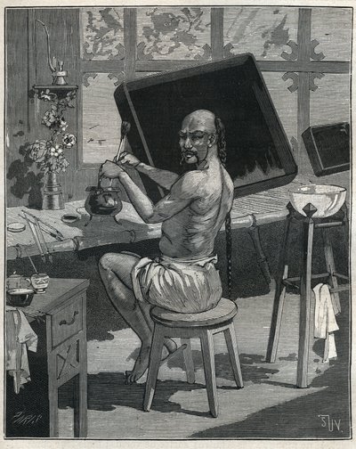 Tongolie-lakker in China. Gravure uit 1885 in 