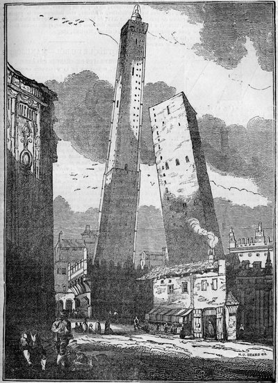 Toren van Bologna - de Asinelli-toren en de kleinere Garisenda-toren - gravure 19e eeuw. door Unknown artist