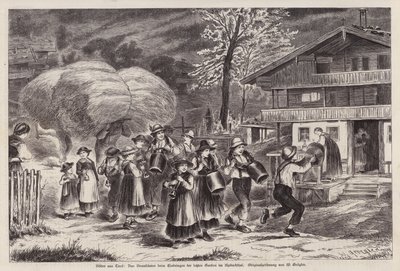 Traditioneel luiden van koeienbellen om het binnenhalen van de laatste oogst te vieren in het Alpbachtal, Tirol, Oostenrijk (gravure) door Unknown artist