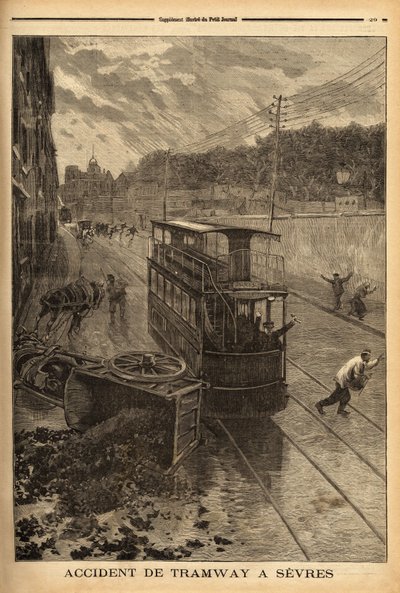 Tramongeluk in Sevres, materiële schade maar geen gewonden. Gravure in 