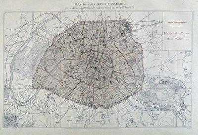 Transformaties van Parijs onder het Tweede Keizerrijk, Haussmann Parijs. Plan van Parijs sinds de annexatie met zijn indeling in 20 arrondissementen, in overeenstemming met de wet van 16 juni 1859 - in 
