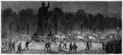 Verplaatsing van het standbeeld van de Republiek (Marianne in brons, 9,50 m hoog), van de werkplaatsen van de heer Thiebaut naar de Place de la Republique in Parijs in 1883 door Unknown artist