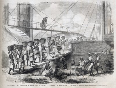 Transport van kolen aan boord van stoomschepen in Kingston (Jamaica) - Laden van kolen in Kingston - Jamaica - 1866 Gravure uit The Illustrous Universe 1866 door Unknown artist