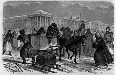 Transport van ijs in Sint-Petersburg, Rusland. Gravure in 