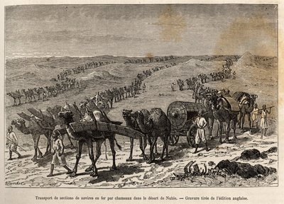Transport van ijzeren scheepssecties door kamelen, in de woestijn van Nubië (Soedan), gravure ter illustratie van een gewapende expeditie in Centraal-Afrika, voor de onderdrukking van de zwarte handel door Unknown artist