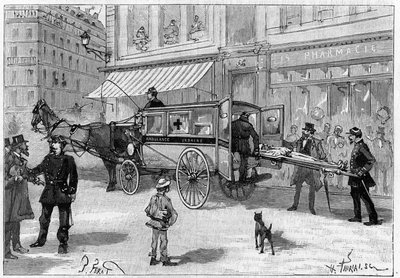 Vervoer van een gewonde persoon in een auto van de Parijse Ambulances. Gravure in 