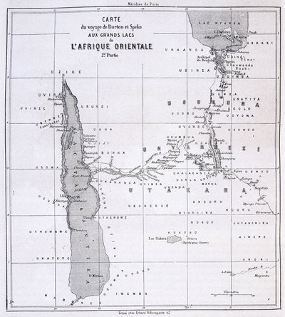 Reiskaart van Richard Francis Burton, Britse ontdekkingsreiziger (1821-1890) en Speke naar de Grote Meren van Oost-Afrika 1857-59 - in Tour du Monde door Unknown artist