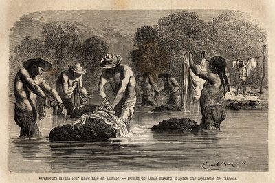Reizigers die hun vuile was wassen in de rivier, samen met Boliviaanse peons, in de buurt van Maniri (Laag-Peru). Gravure ter illustratie van de reis in de valleien van Quinquinas, door Paul Marcoy, in 1849-1861, gepubliceerd in 