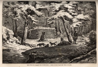 Winterhut van reizigers in de mooie weide (Canada), toevluchtsoord voor trappers en hun sleeën. Gravure ter illustratie van de reis van de Atlantische Oceaan naar de Stille Oceaan (route du nord ouest par les terres), in 1862-1864 door Burggraaf Milton en  door Unknown artist