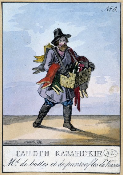 Reizende koopman van laarzen en pantoffels door Kasan - Gravure uit de 19e eeuw door Unknown artist