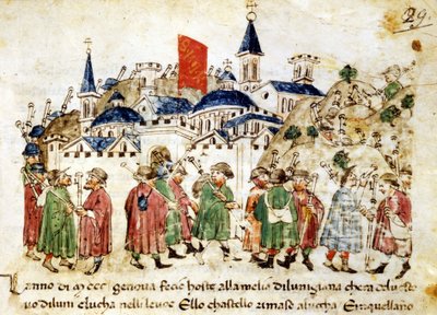Reizende pelgrims arriveren in Rome. 14e eeuw. Kronieken Sercambi. Lucca, Nationaal Archief door Unknown artist