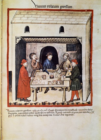 Behandel een dokter: "rode wijn, groep mannen in een taverne die wijn drinken" Pagina uit "Tacuinum sanitatis" (Cod. ser. nov. 2644) Rond 1400 door Unknown artist