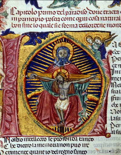 Drie-eenheid (de duif van de Heilige Geest is te zien in de baard van de Vader). Verlicht codex door Unknown artist