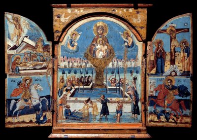 Drieluik van de Maagd, bron van leven (middenpaneel): de Maagd steekt een wonderbaarlijke waterbron over. Links de opstanding en deponering. Onder een ridder (Sint Joris) die een draak neerslaat. Rechts de kruisiging en een ridder (detail) door Unknown artist