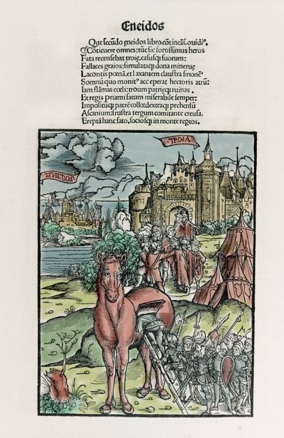 Troje: Griekse krijgers verlaten het paard zodra het de stadsmuren is gepasseerd. Eneide. Houtsnede door Sebastian Brant. Straatsburg door Unknown artist