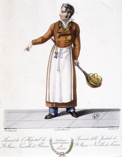 Kostuum van Toscane: Verpleegster. Dienstdoend van het Ziekenhuis van Santa Maria Novella in Florence. Gravure uit de 19e eeuw door Unknown artist