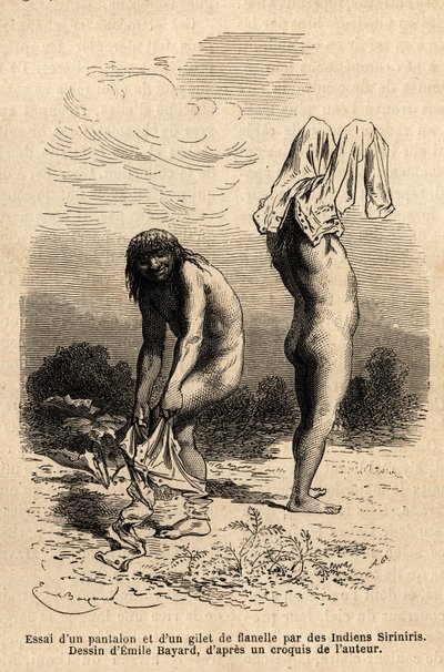 Twee Siriniris-indianen proberen een broek en vest aan te trekken, die een lid van de expeditie te drogen had gelegd aan de oever van de meren aan de voet van de berg Basiri (Peru). Gravure ter illustratie van de reis in de valleien van Quinquinas (Peru),  door Unknown artist
