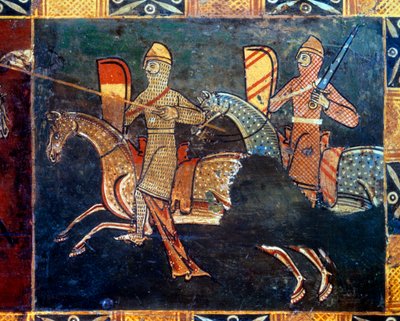 Twee ridders aan de kant van het gaas die ten strijde trekken Detail van de decoratie van een huwelijkskist met scènes uit het adellijke leven. 14e of 15e eeuw. Vannes, museum van Vannes door Unknown artist