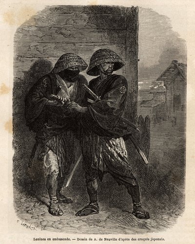 Twee ronins (samurai die zijn meester heeft verloren) in een hinderlaag. Gravure ter illustratie van de reis naar Japan, in 1863-1864, door Aimé Humbert, minister van de Zwitserse Confederatie, in 