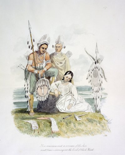 Twee krijgers en een vrouw van de Sacs en Foxes rouwend over het graf van Black Hawk, ca. 1843-50 door Unknown artist