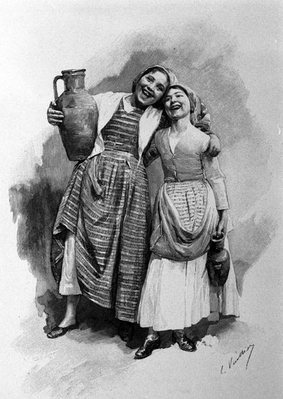 Twee jonge vrouwen van het volk, inwoners van Palermo. Gravure uit de 19e eeuw door Unknown artist