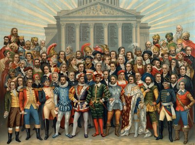 UNIVERSEEL PANTHEON VAN BELANGRIJKE BEKENDE MANNEN chromolithografie van Sauvage door Unknown artist