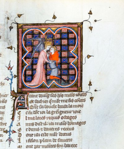 Een engel die een man omhelst - Verlichte pagina uit het manuscript 