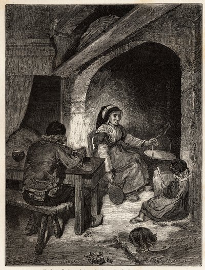 Een herberghaard in Saint Cernin, gravure ter illustratie van een reis naar de vulkanen van centraal Frankrijk in 1864, in 
