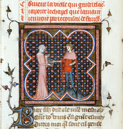 Een jonge man en een oude vrouw - Verlichte pagina uit het manuscript 